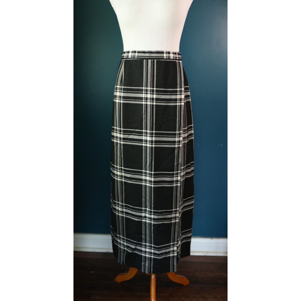 Liz Claiborne Plaid Wrap Maxi Skirt Wool Blend Black Academia School Girl Emo